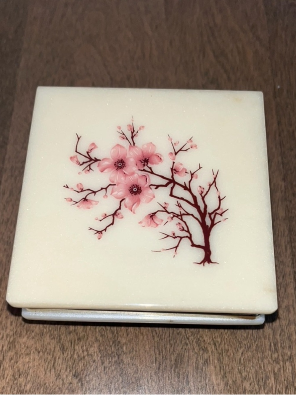 Vintage Italian Alabaster Hinged Powder Case: W/ Cherry Blossom Design